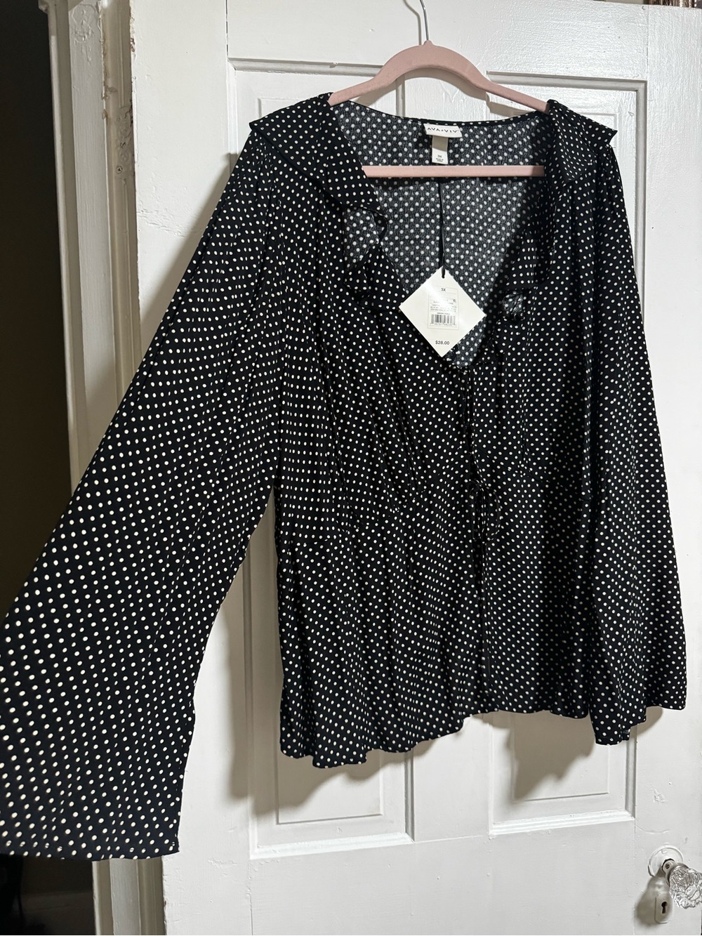 Ava & Viv Black and White Polka Dot Ruffle V-Neck Blouse